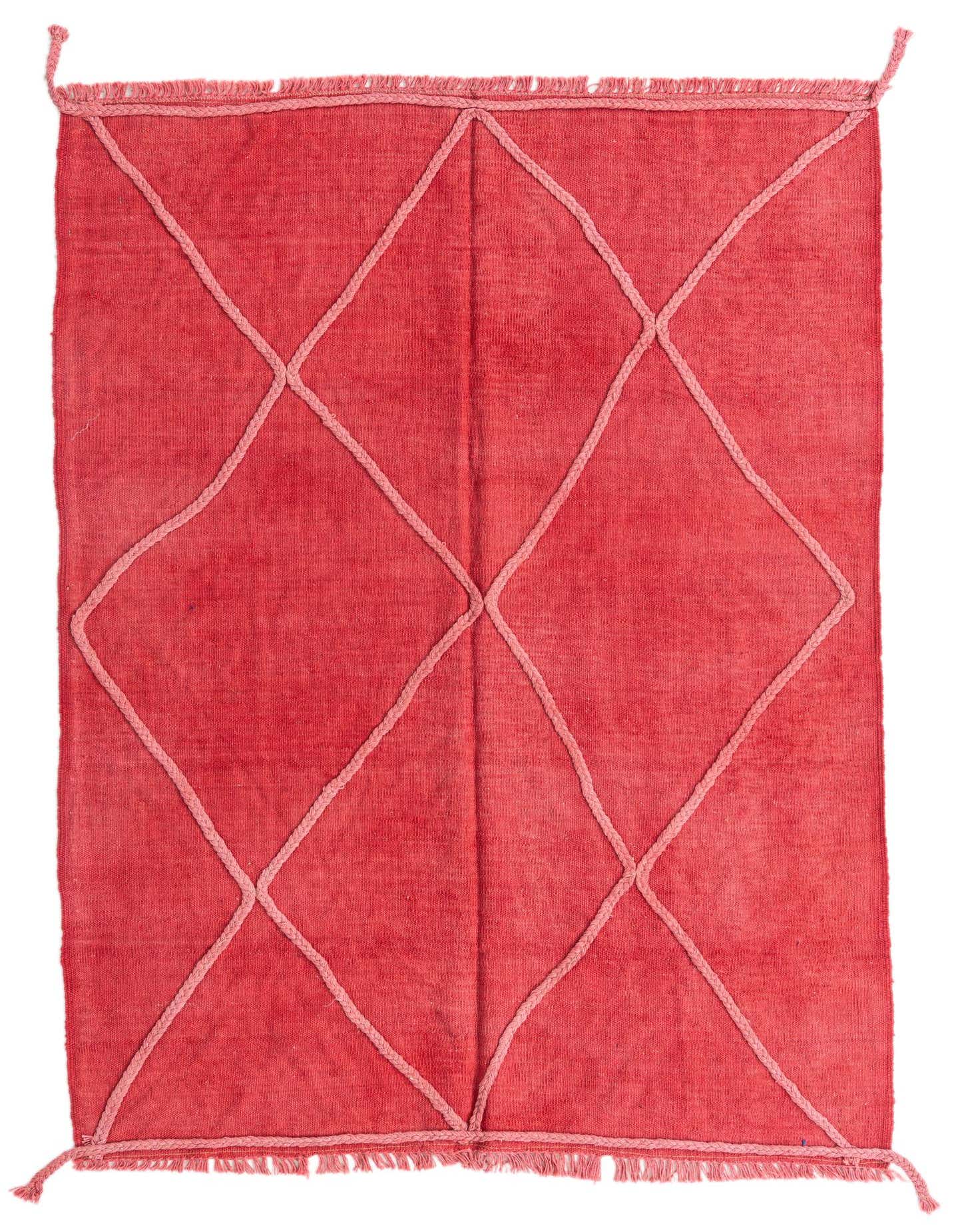 A 4x6 rectangular red wool flatweave rug with a light pink braided diamond pattern and fringed edges.