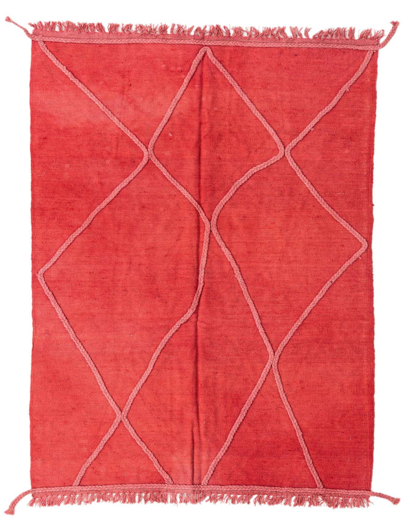 A 4x6 rectangular red tribal wool rug with a subtle diamond pattern formed by braided texture and fringed ends.