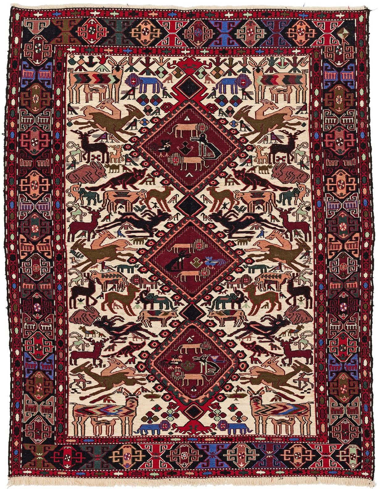 A 5x8 rectangular Kilim rug with a tribal pattern, featuring a red border and a cream field filled with various animal motifs and geometric shapes.