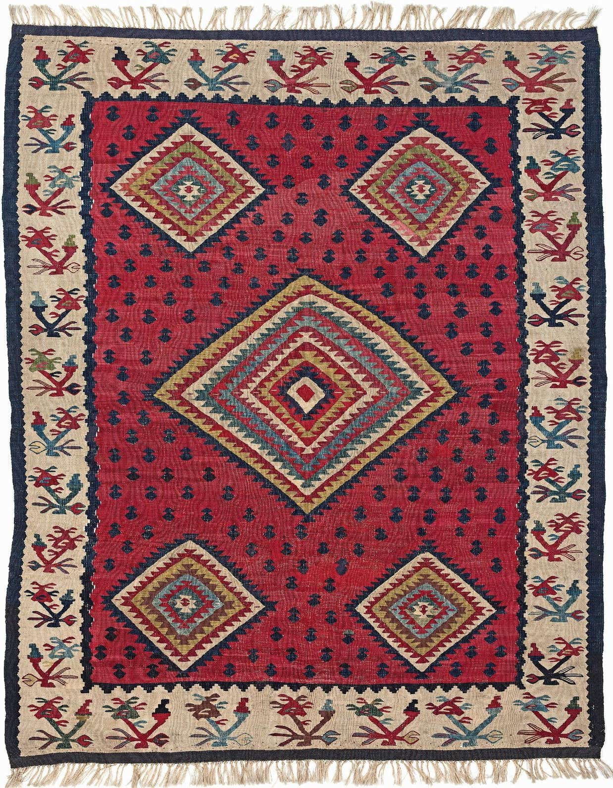 A 4x6 rectangular red Kilim rug with a tribal pattern, featuring a large central diamond and smaller diamonds, surrounded by a cream border with stylized motifs.