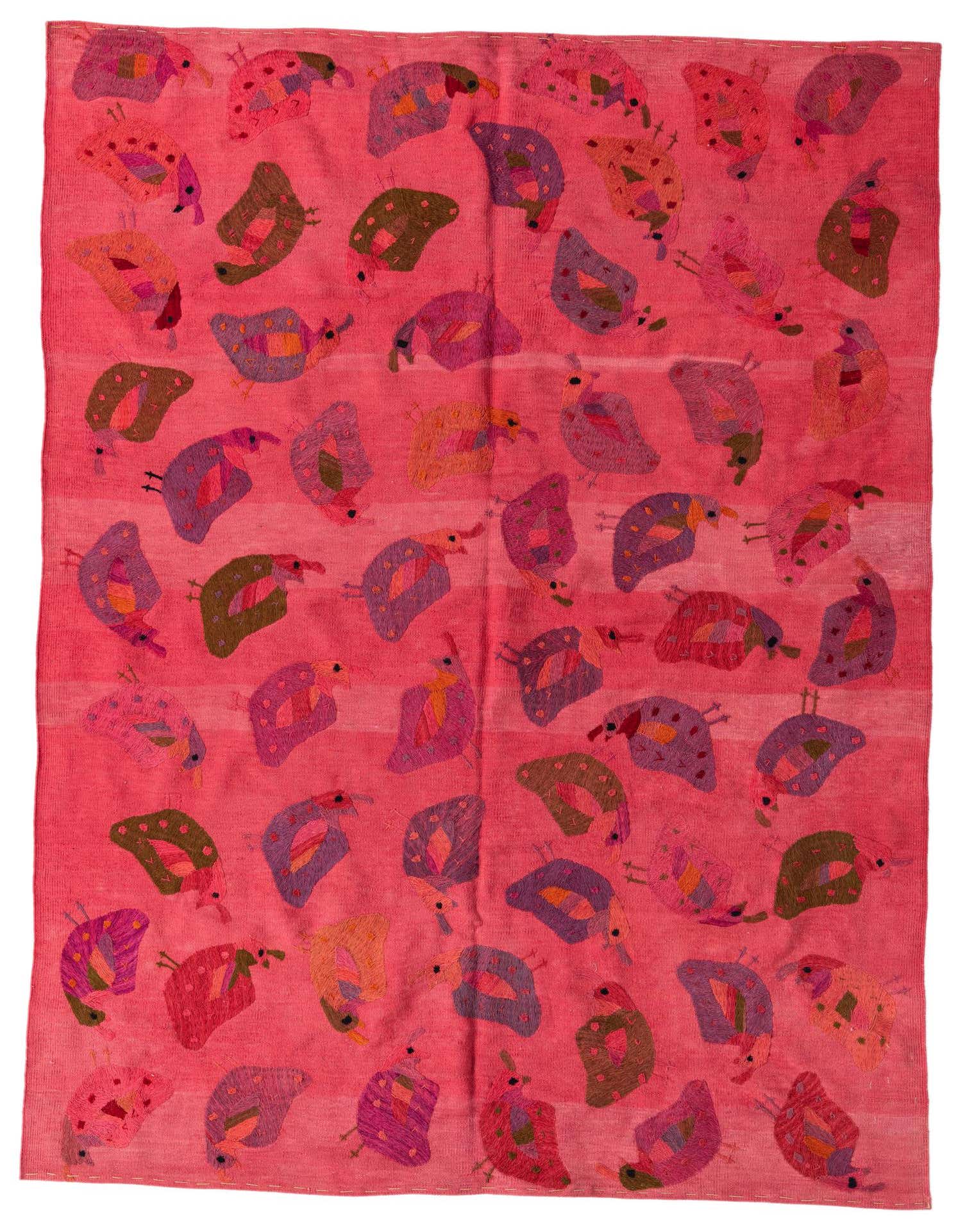 A 5x8 rectangular Kilim Suzani rug featuring a vibrant red background with colorful, stylized bird patterns in purple, orange, and olive green.