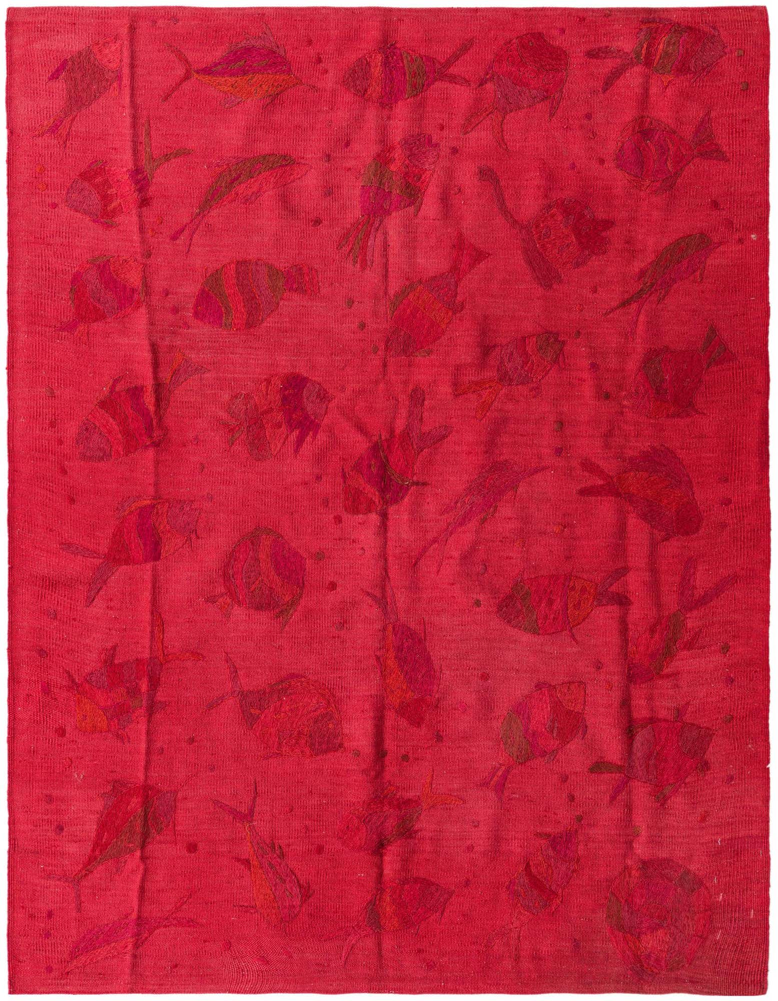 A 4x6 rectangular red flatweave rug with a playful, abstract pattern of various fish in darker red and orange tones.