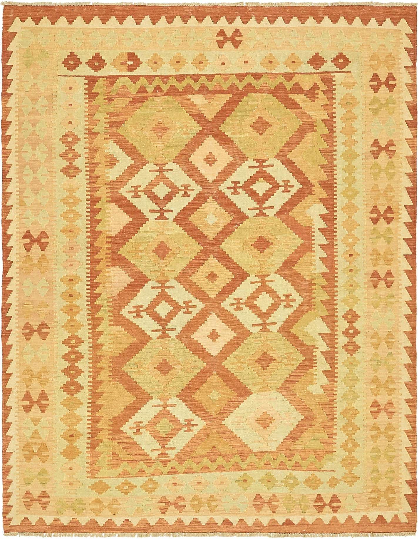 A 5x7 rectangular Kilim Waziri rug featuring a traditional tribal pattern in various shades of red and orange with geometric diamond motifs.