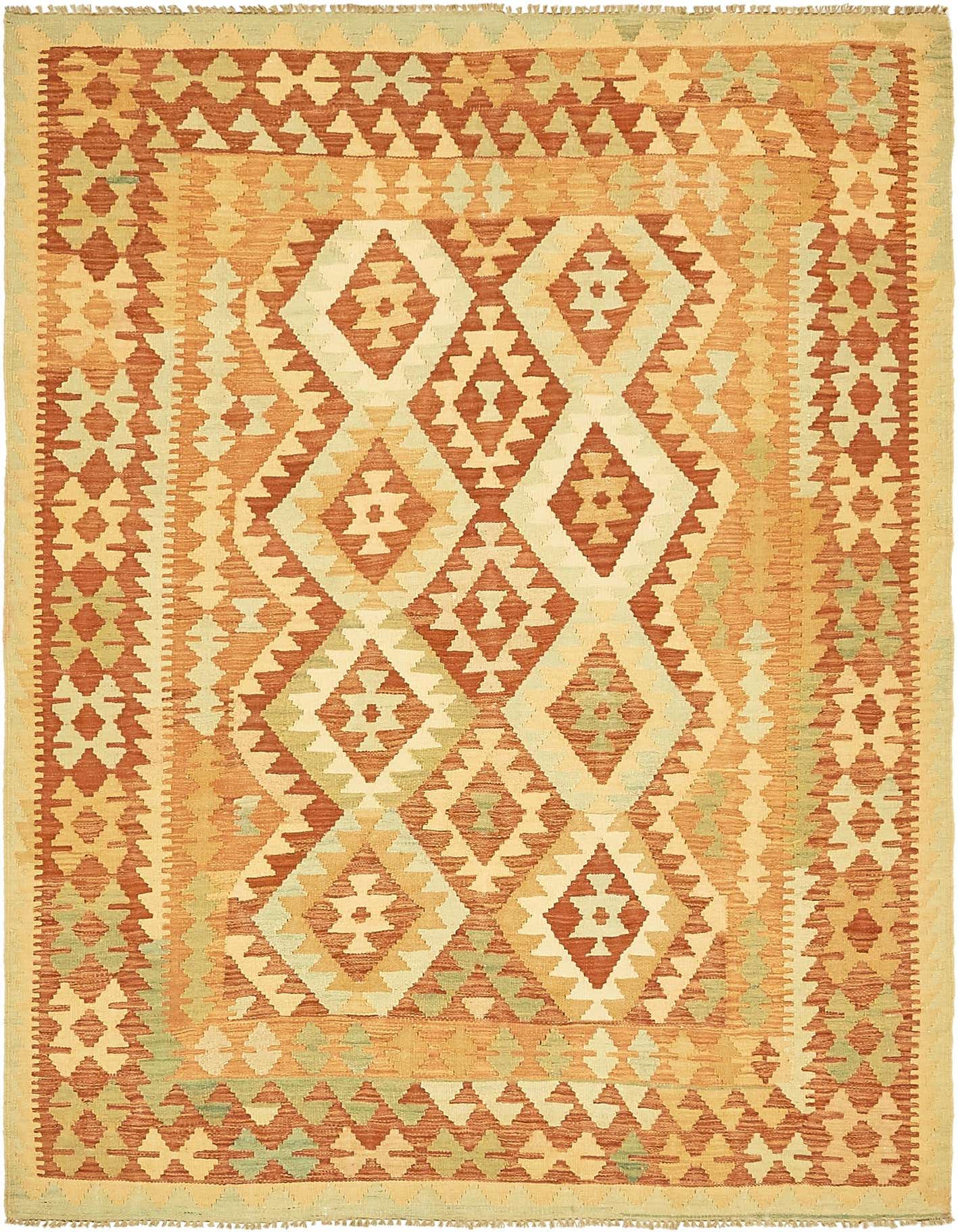 A 5x7 rectangular Kilim Waziri rug featuring a traditional tribal pattern in shades of red, orange, and cream.