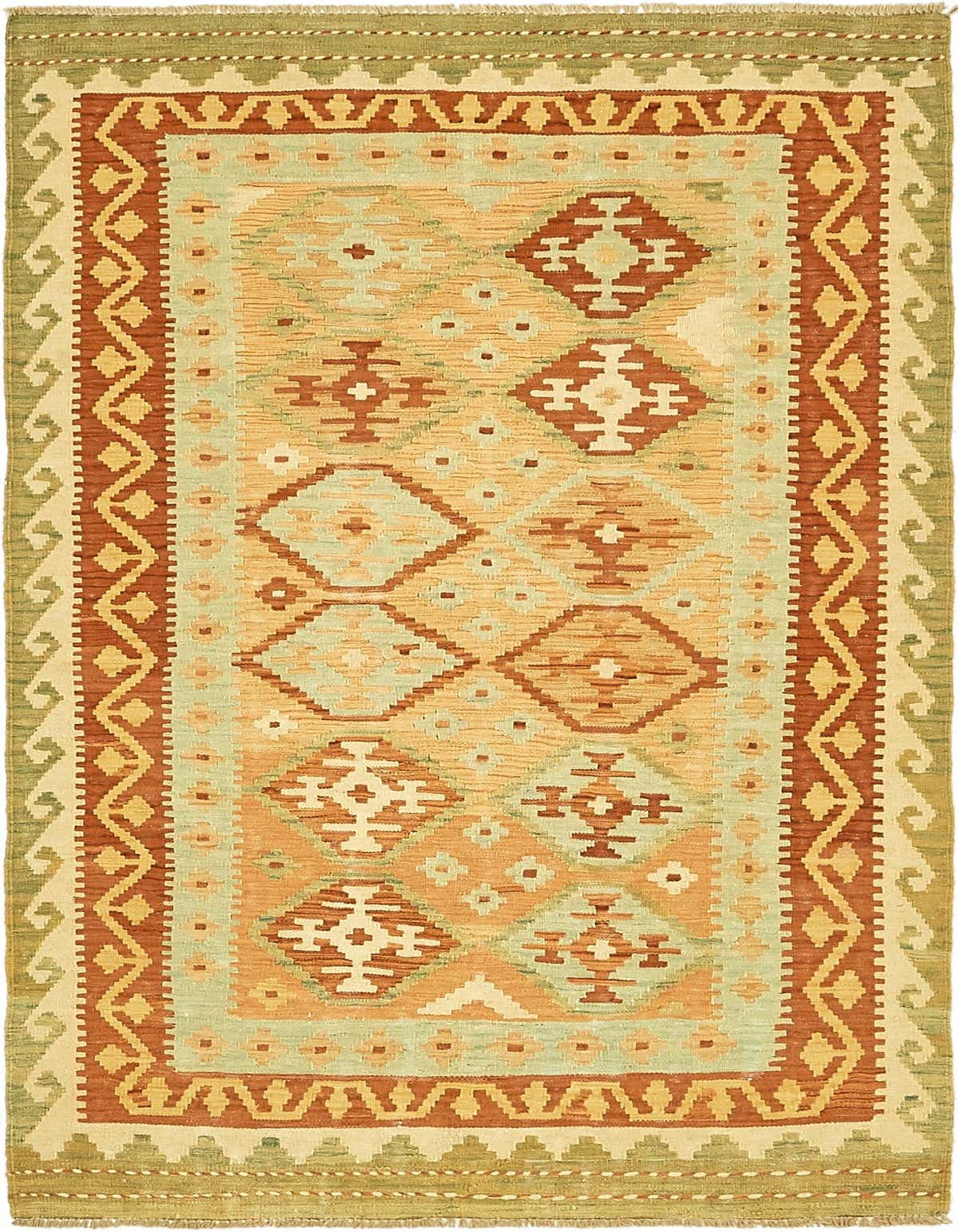 A 4x6 rectangular Kilim Waziri rug featuring a traditional tribal pattern in shades of red, orange, green, and cream.