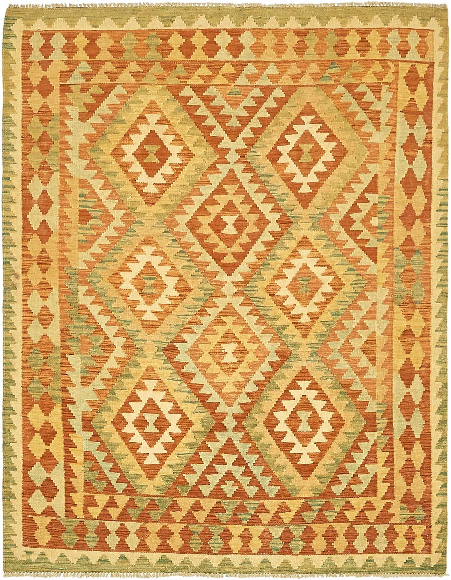 A 4x6 rectangular Kilim Waziri rug featuring a traditional tribal pattern in shades of red, orange, and green.