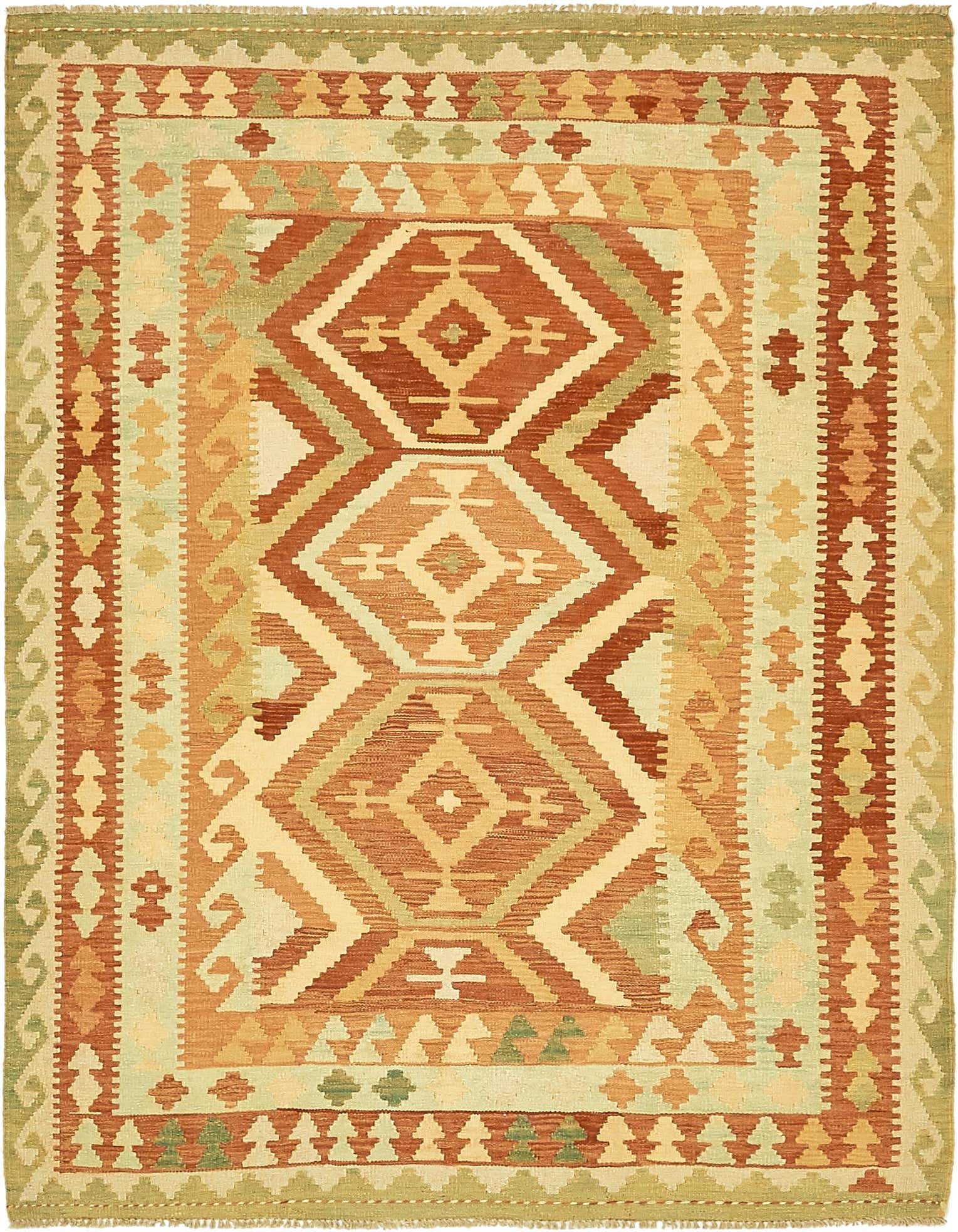 A 4x6 rectangular Kilim Waziri rug featuring a traditional tribal pattern in shades of red, orange, green, and cream.