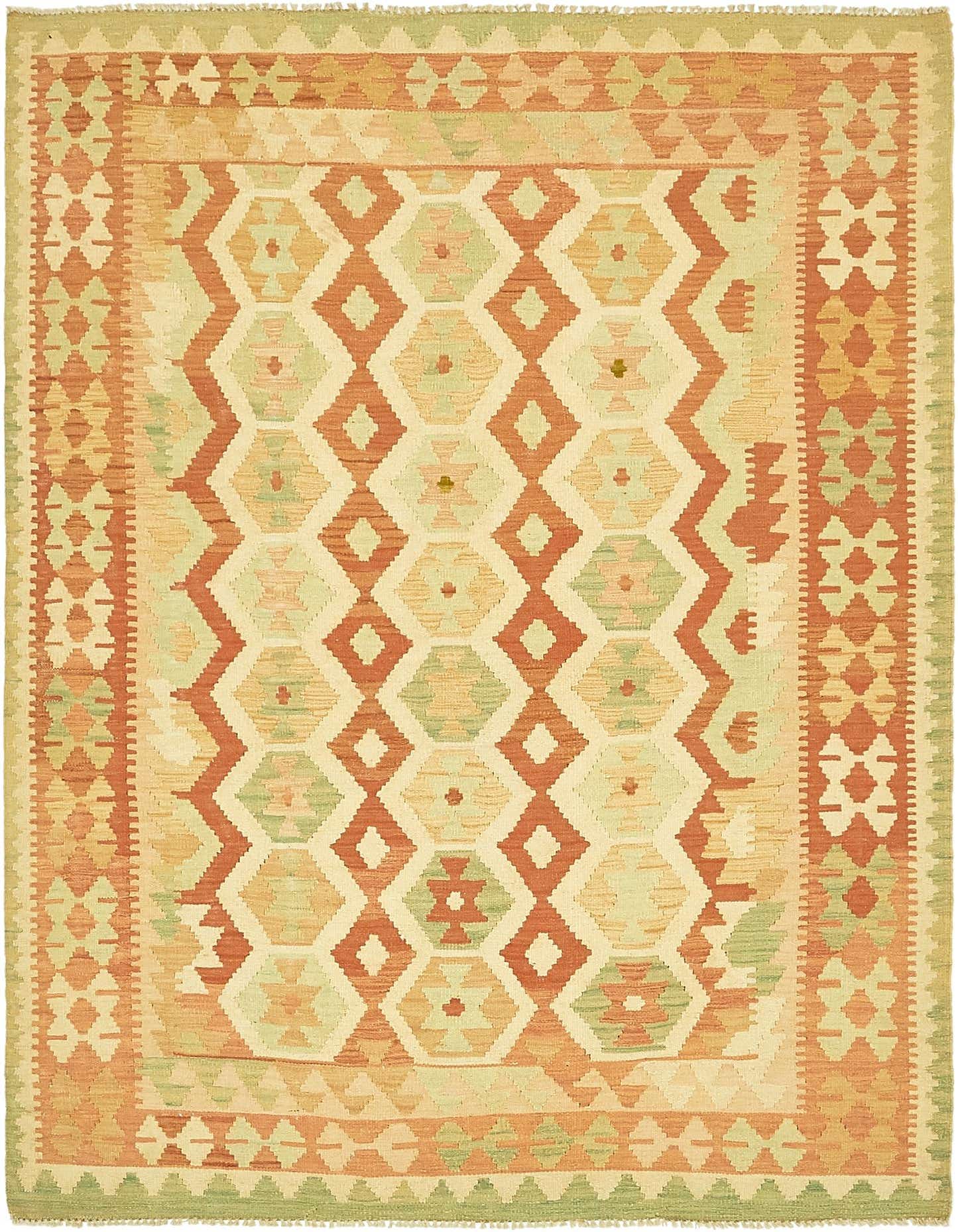 A 5x7 rectangular Kilim Waziri rug featuring a traditional tribal pattern in shades of red, orange, and light green.