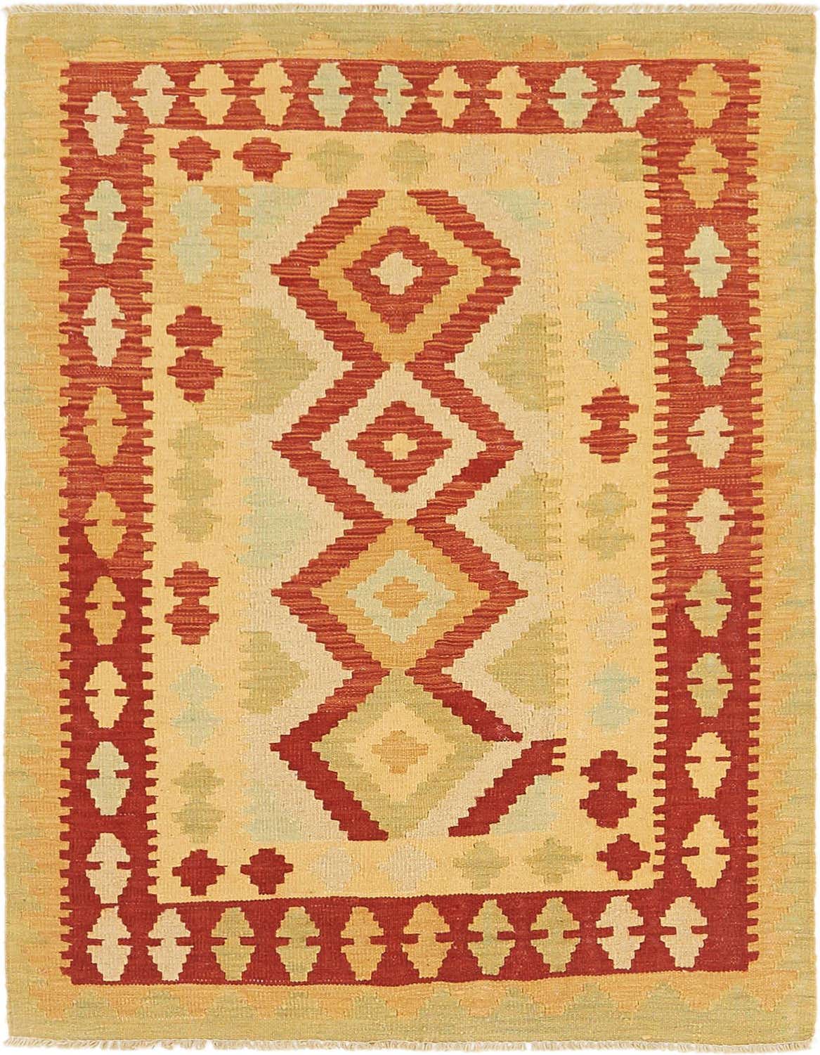 A 3x5 rectangular Kilim Waziri rug featuring a Southwestern tribal pattern in shades of red, cream, and muted green.