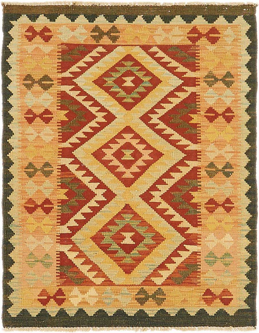 A 3x4 rectangular Kilim Waziri rug featuring a traditional tribal medallion pattern in reds, oranges, and yellows with a dark border.