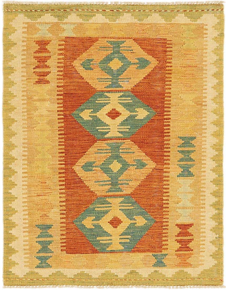 A 3x4 rectangular Kilim Waziri rug featuring a traditional tribal pattern in reds, oranges, and teal, with a flatweave texture.