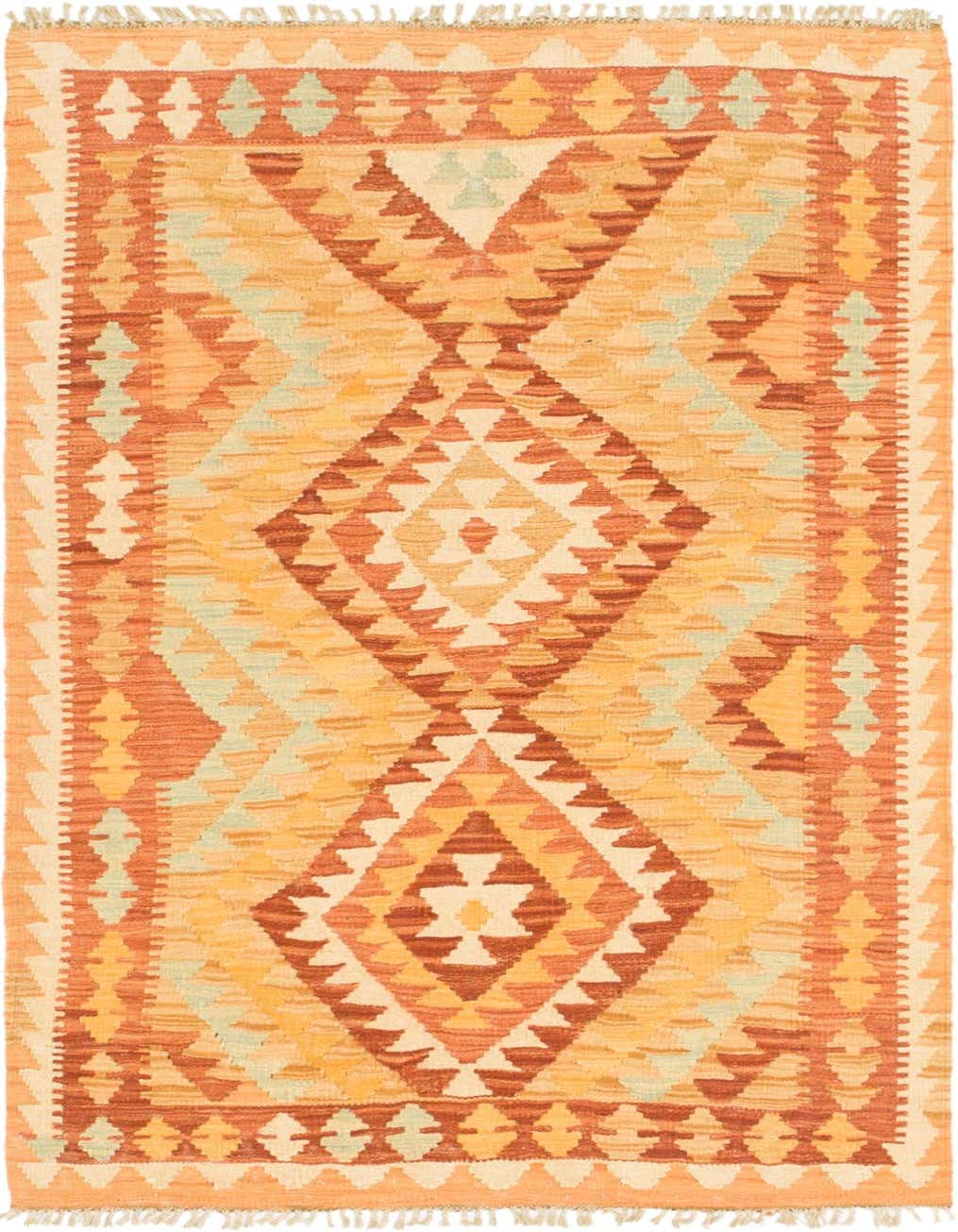 A 3x5 rectangular Kilim Waziri rug featuring a traditional tribal medallion pattern in various shades of red, orange, and subtle green, with a flatweave texture.