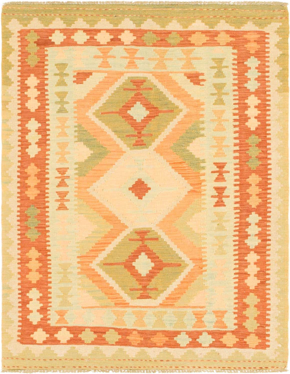A 3x5 rectangular Kilim Waziri wool rug featuring a traditional tribal medallion pattern in shades of red, orange, and light green.
