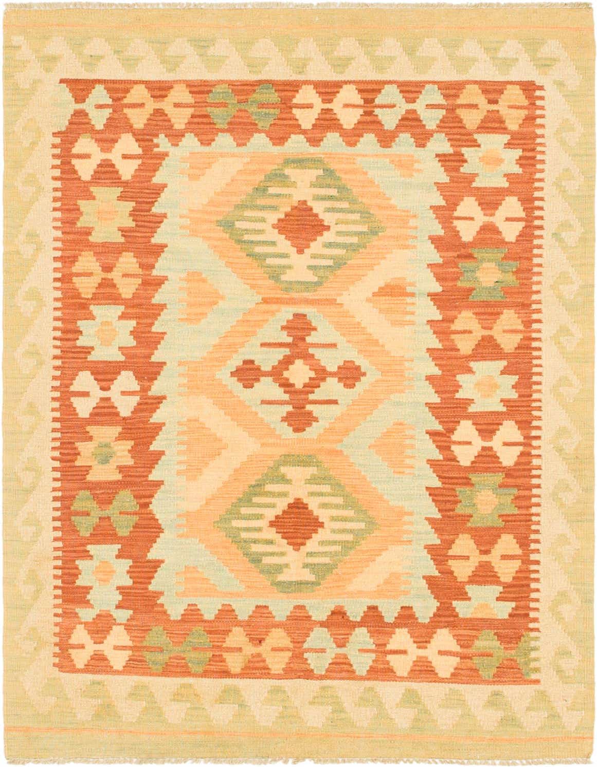 A 3x5 rectangular Kilim Waziri rug featuring a traditional tribal medallion pattern in shades of red, orange, and light green.