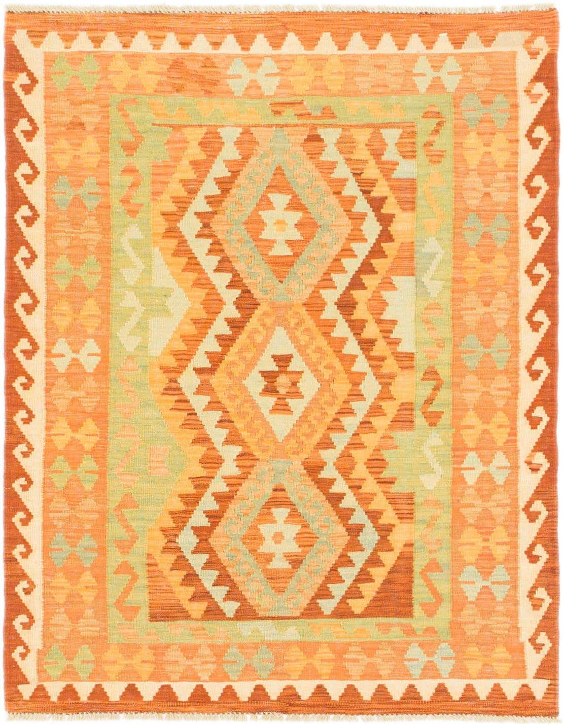 A 3x5 rectangular Kilim Waziri rug featuring a tribal medallion pattern in shades of red, orange, and light green.