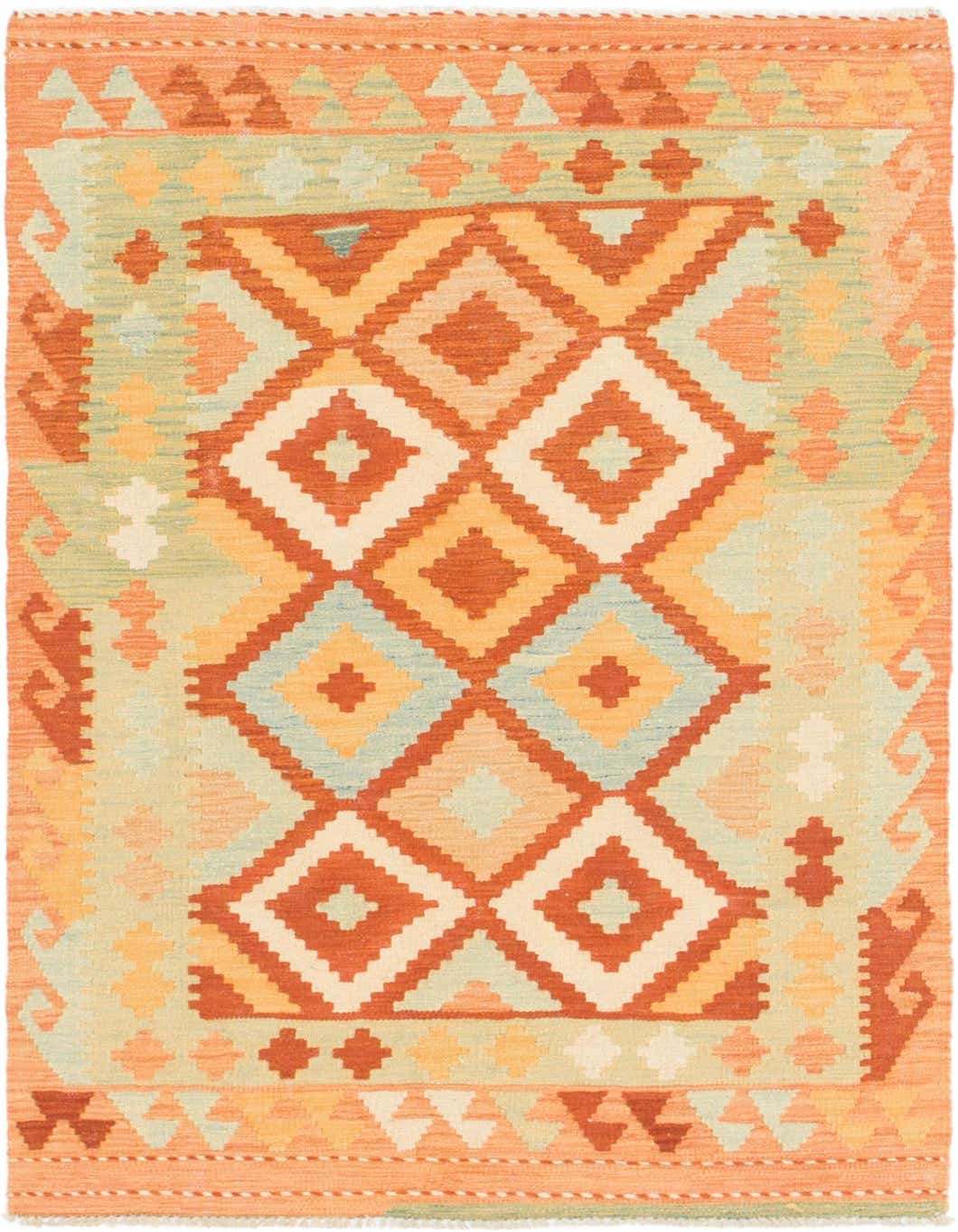 A 3x5 rectangular Kilim Waziri rug featuring a tribal geometric pattern in shades of red, orange, cream, and light blue.