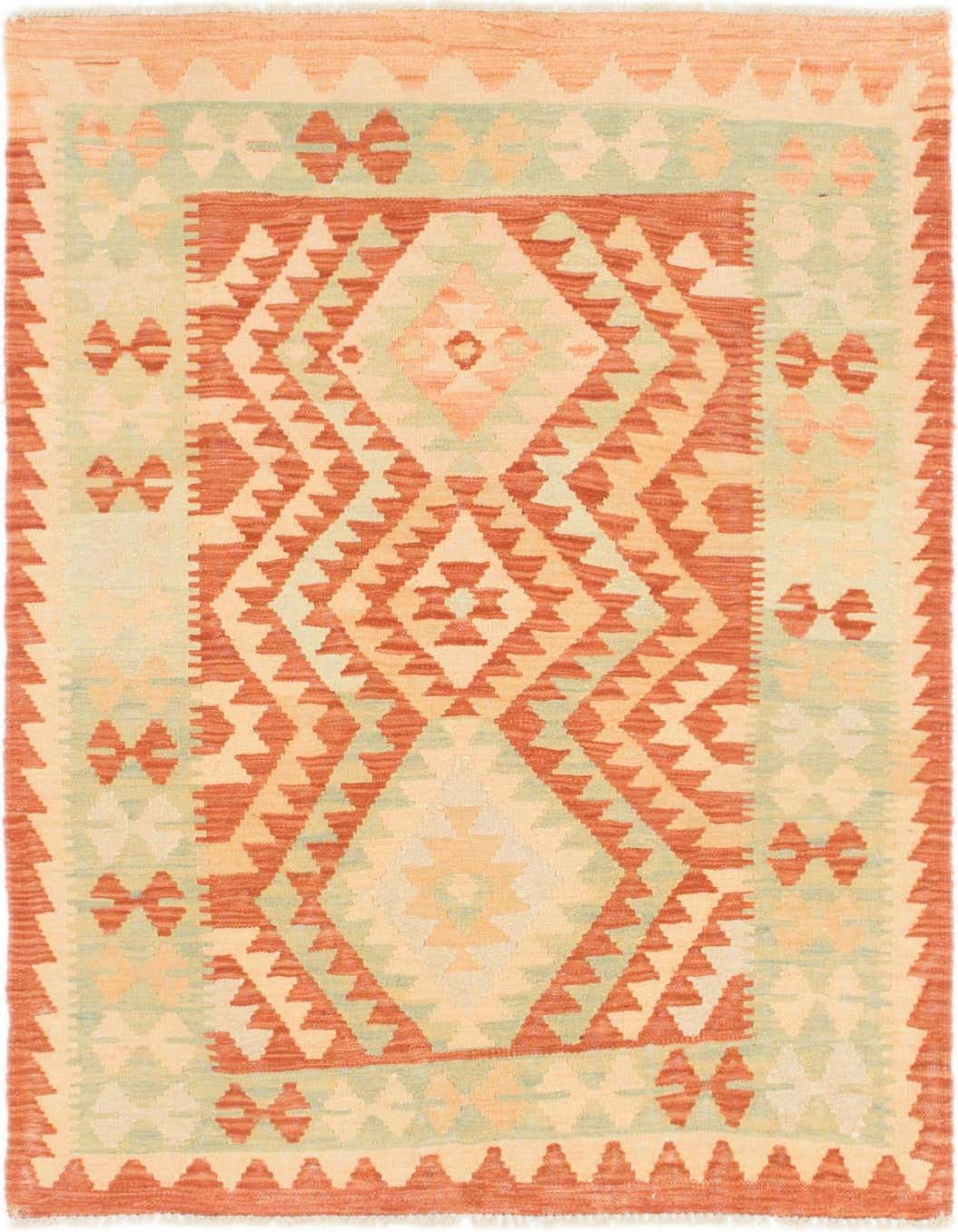 A 3x5 rectangular Kilim Waziri rug featuring a tribal medallion pattern in shades of red, orange, and light green.