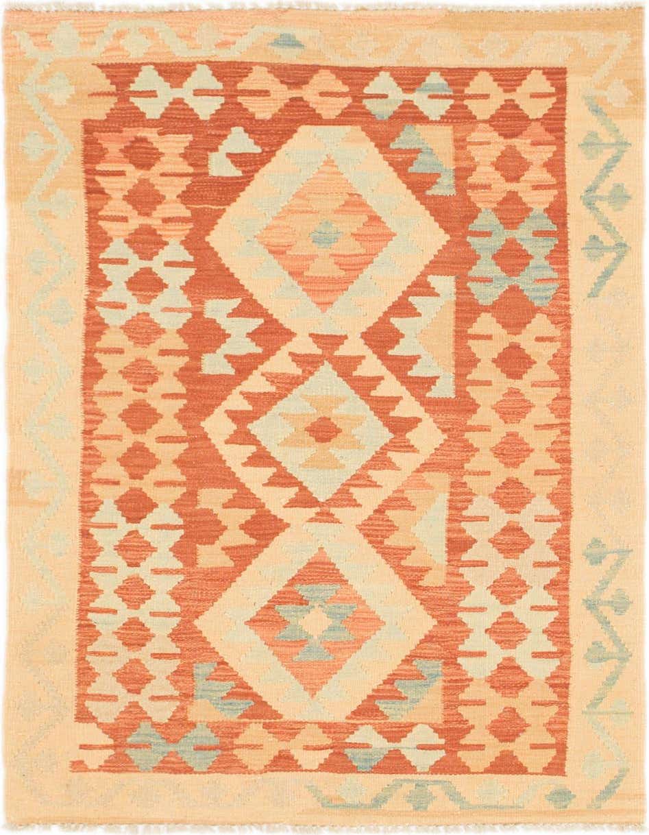 A rectangular 3x4 Kilim Waziri rug featuring a tribal medallion pattern in shades of red, peach, and light blue on a cream background.