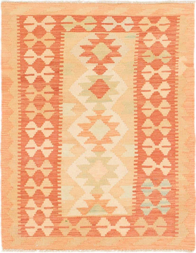 A 3x4 rectangular Kilim Waziri rug featuring a tribal medallion pattern in shades of red, peach, and cream with green accents.