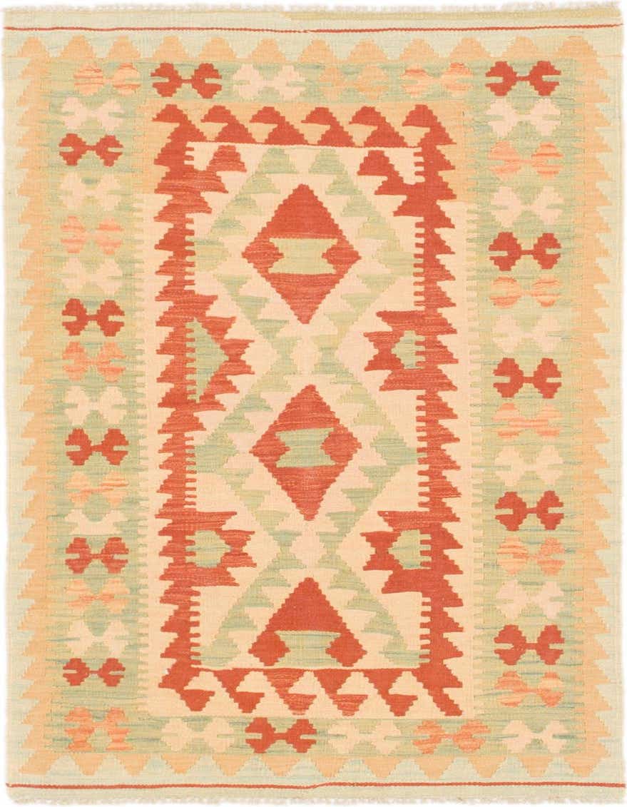 A 3x4 rectangular Kilim Waziri rug featuring a tribal medallion pattern in shades of red, peach, and light green.