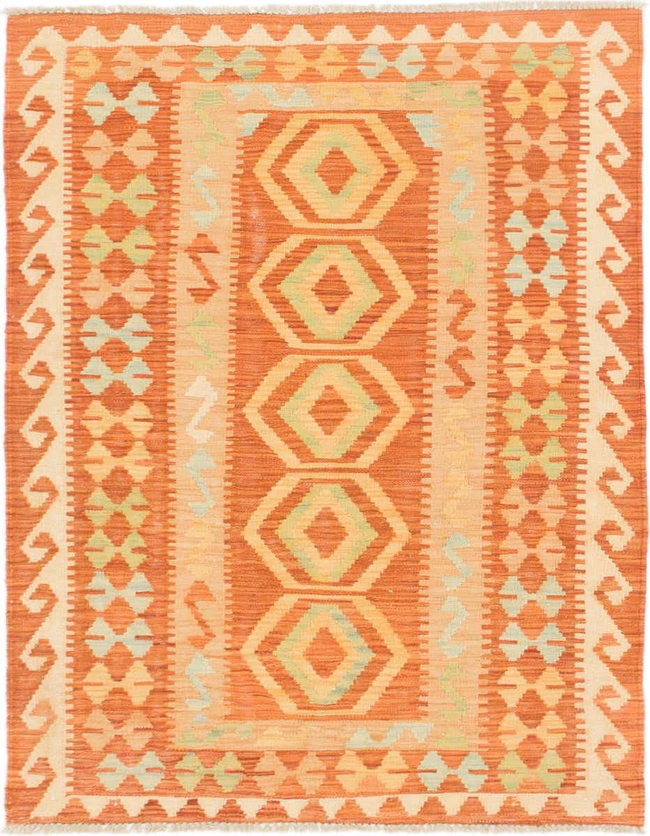 A 3x4 rectangular Kilim Waziri rug featuring a tribal medallion pattern in shades of red, orange, and light green.