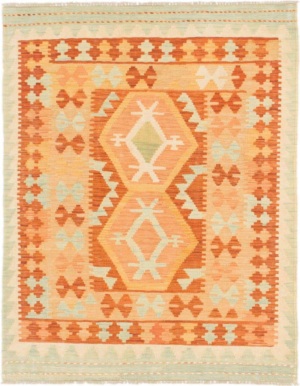 A 3x5 rectangular Kilim Waziri rug featuring a tribal medallion pattern in shades of red, orange, and light green.