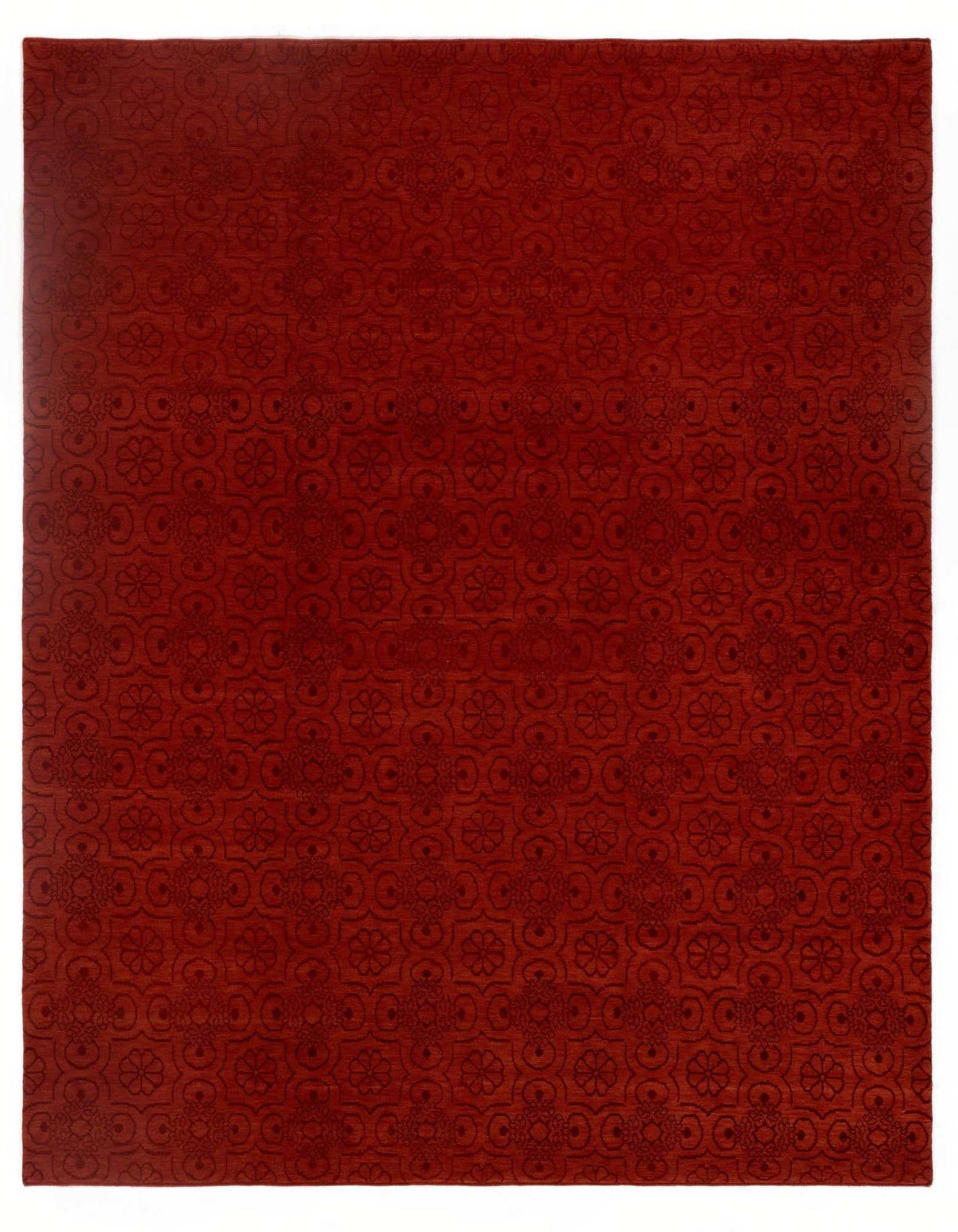 A rectangular 8x10 Kooches Yardo Persian rug in deep red, featuring a subtle floral and medallion pattern, ideal for a living room.
