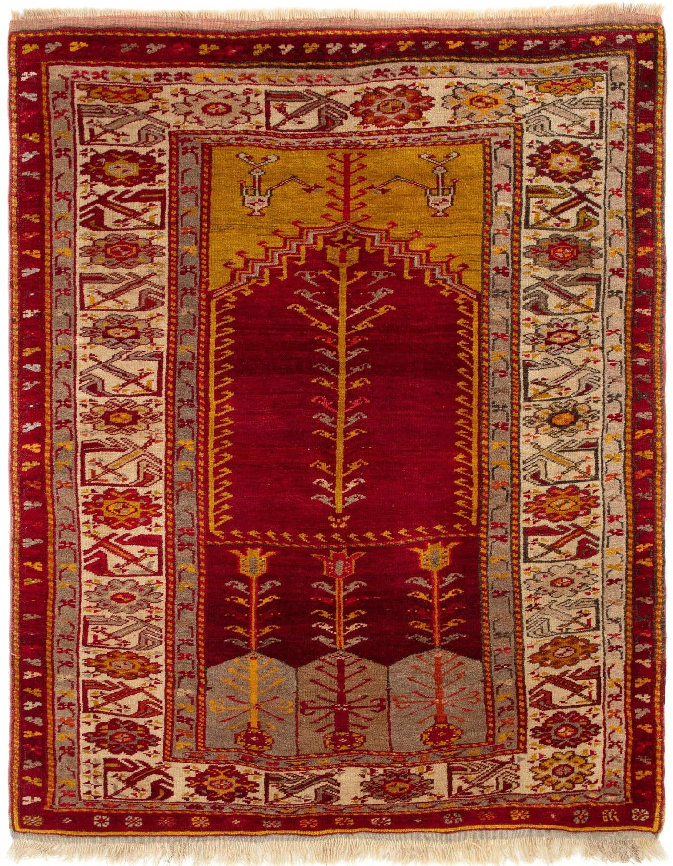 A 3x5 rectangular Ladik Persian rug in rich reds and gold, featuring a tree-of-life design and intricate floral borders.