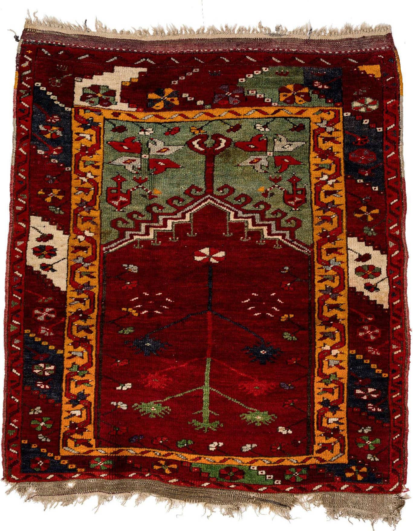 A 3x5 rectangular Ladik rug with a deep red field and a central tree-of-life motif, framed by a green and gold border with traditional patterns.