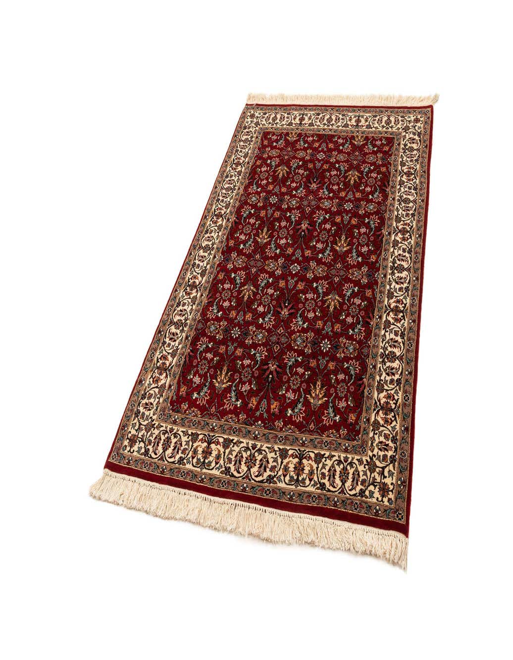 A 4x6 rectangular Lahour traditional rug in deep red with intricate floral patterns and a cream border, handmade from sheep virgin wool.