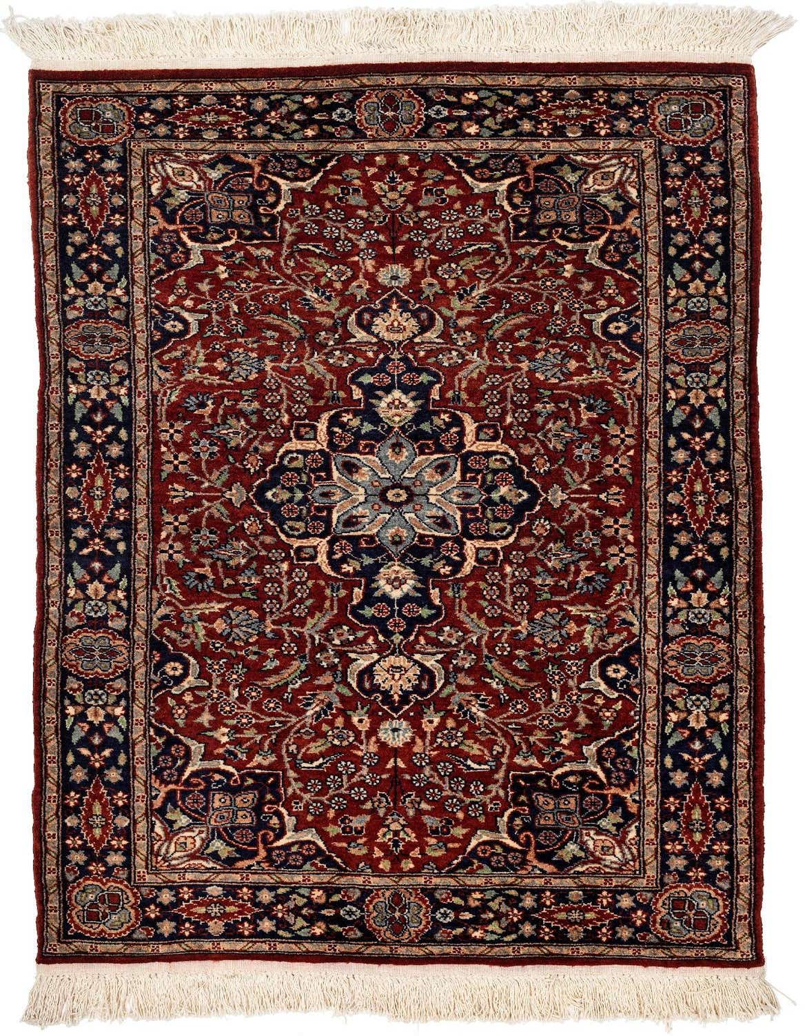 A 3x5 rectangular Lahour rug in traditional red with intricate floral patterns and a dark blue border, featuring white fringe.