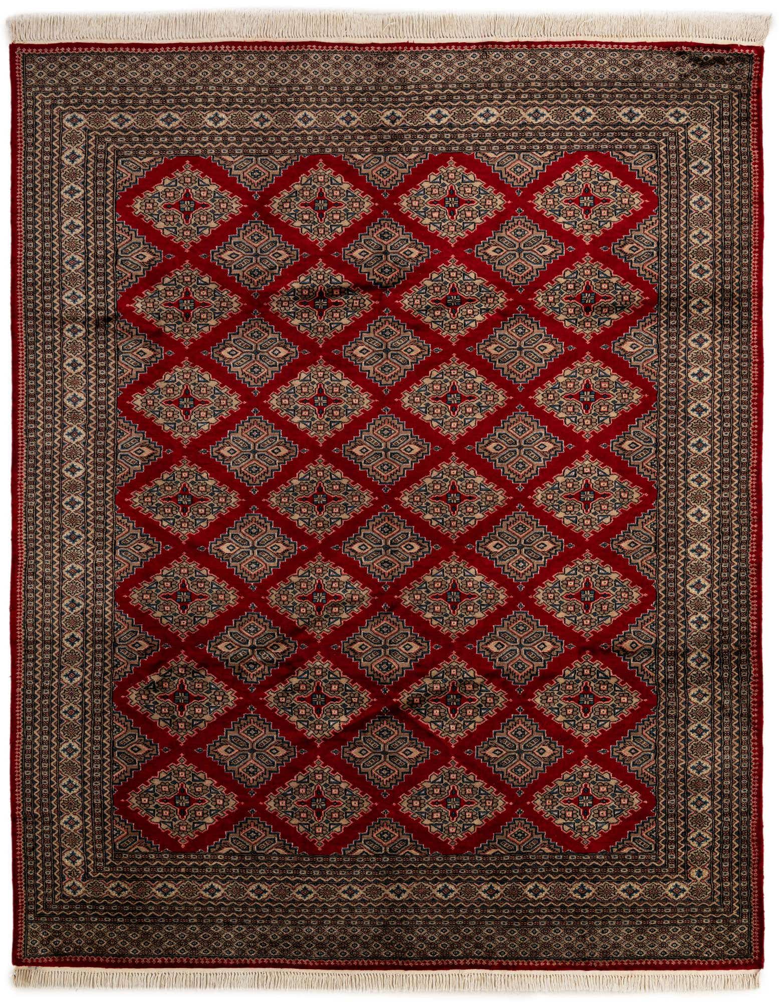 A rectangular 8x10 Lahour rug featuring a traditional Oriental pattern in rich reds, black, and beige, with a flat pile and fringed ends.
