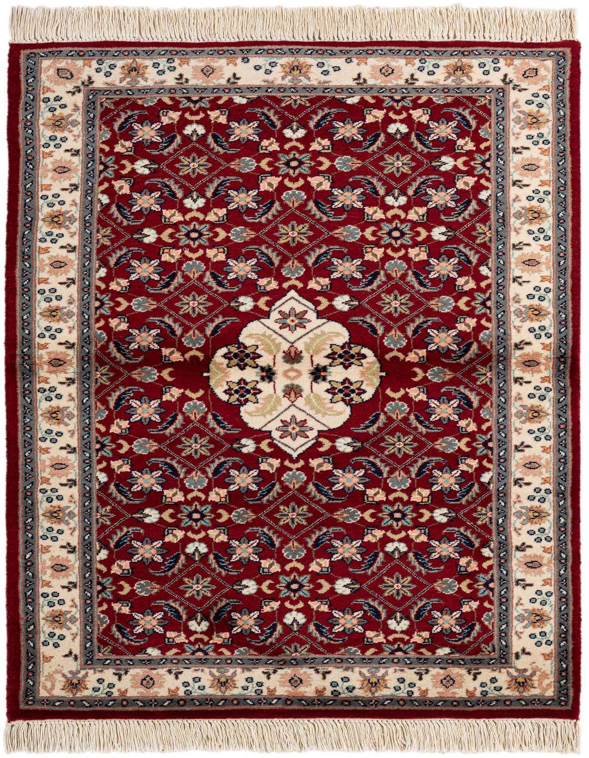 A 3x5 rectangular Lahour rug by Rugs.com, featuring a traditional red field with an intricate floral medallion and cream border.