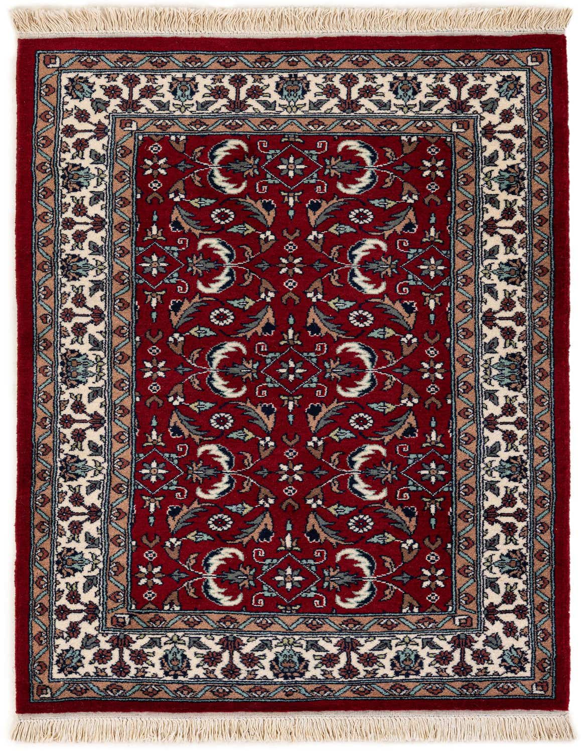 A 3x5 rectangular Lahour rug in traditional red with intricate floral and medallion patterns, featuring a cream border and fringe.
