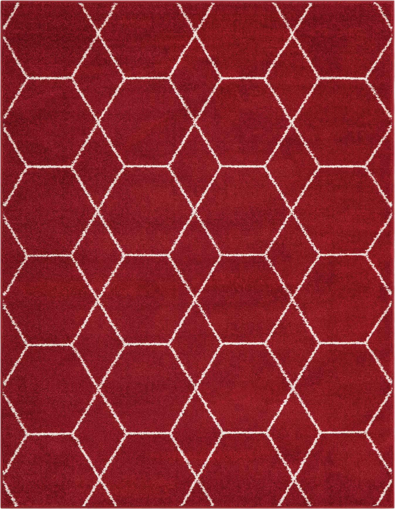 A 4x6 rectangular red area rug with a modern white trellis pattern, suitable for a living room.