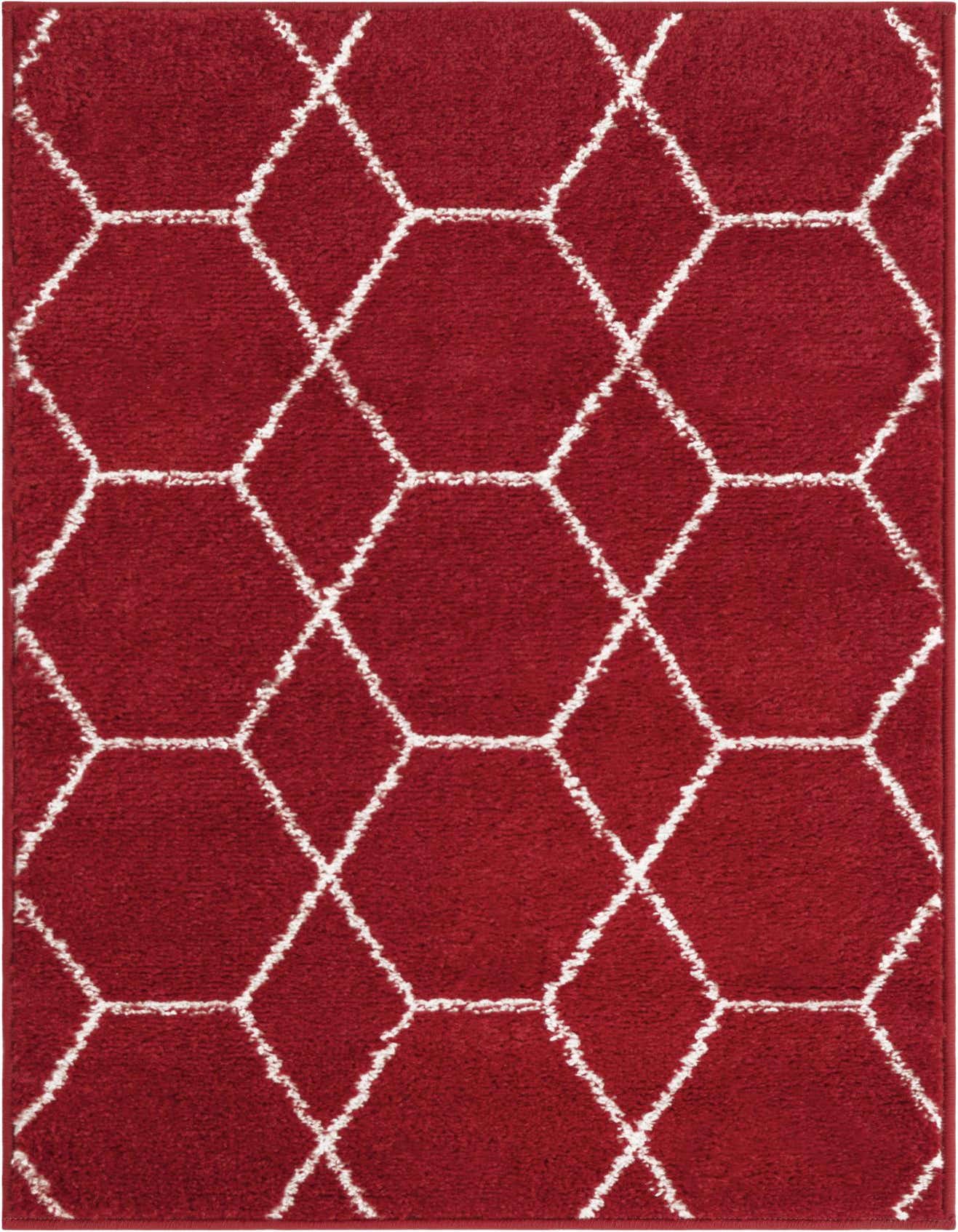 A 2x3 rectangular red area rug featuring a modern white trellis pattern, suitable for an entryway or kitchen.