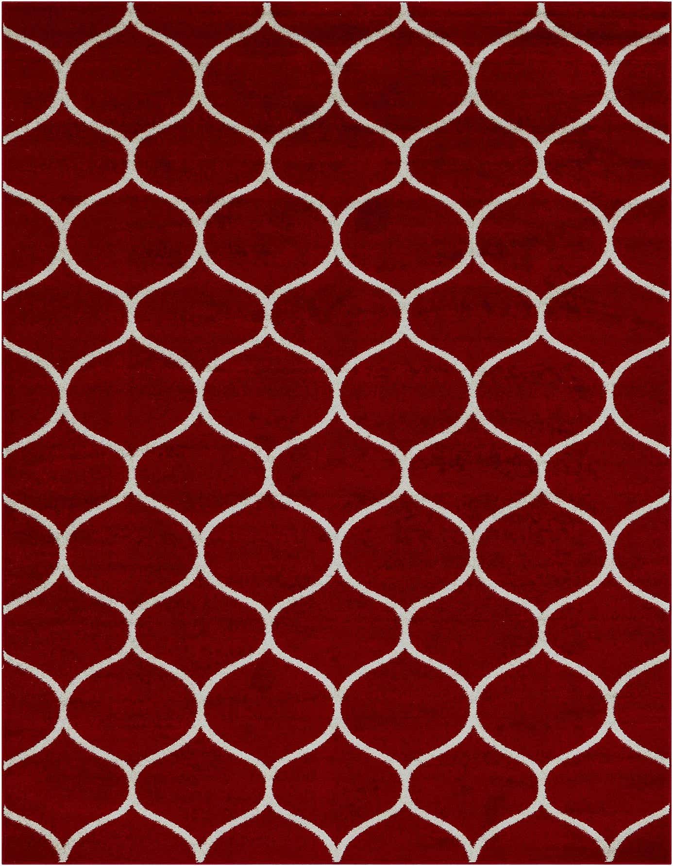 A 7x10 rectangular red rug with a modern white trellis pattern, suitable for a living room.