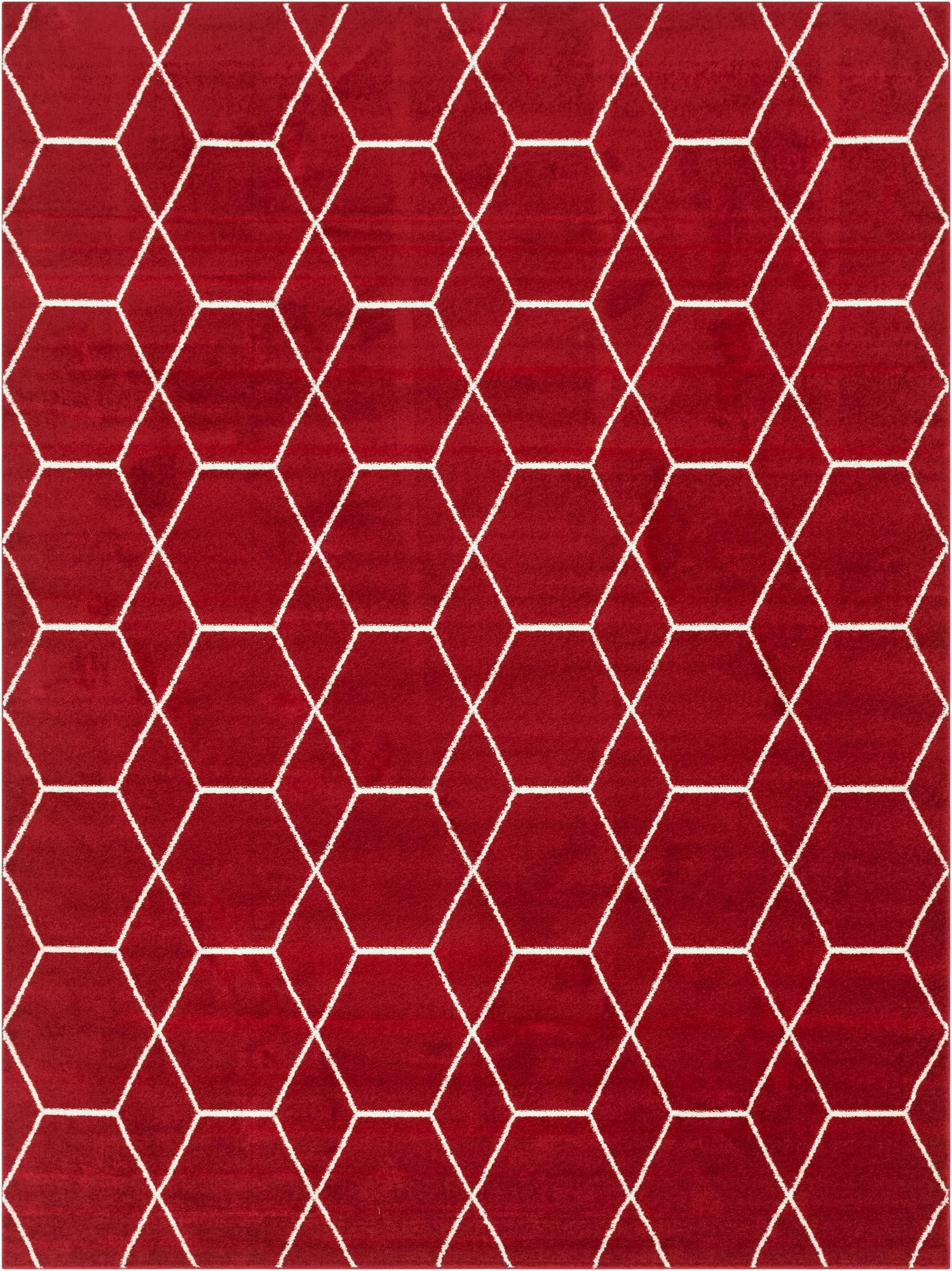 A 9x12 rectangular red area rug featuring a repeating white geometric trellis pattern, ideal for a modern living room.