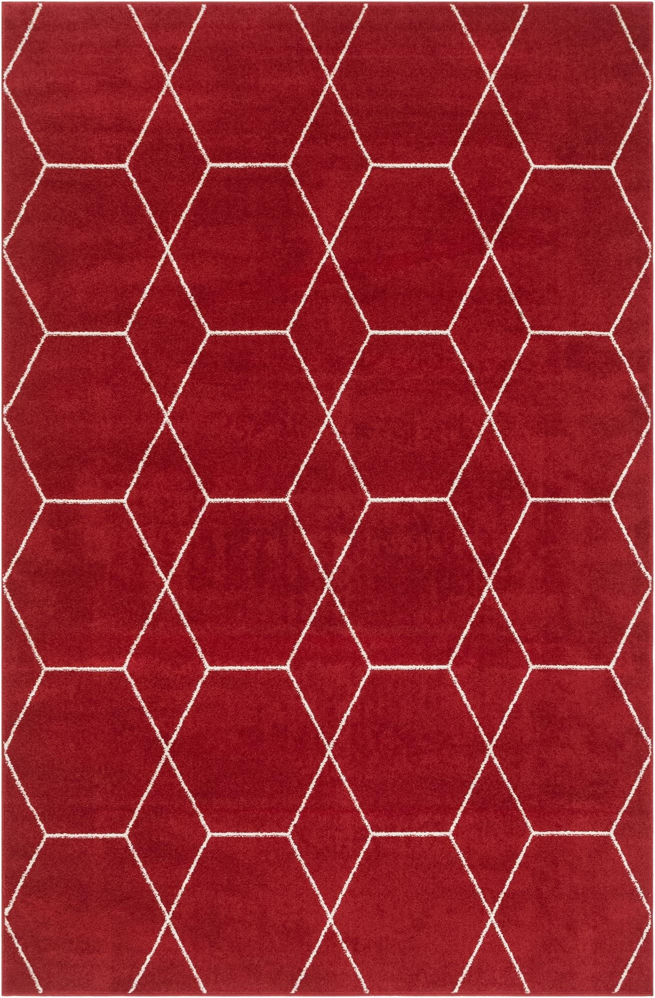 A 6x9 rectangular red area rug featuring a modern white trellis pattern of interlocking hexagons, suitable for a living room.