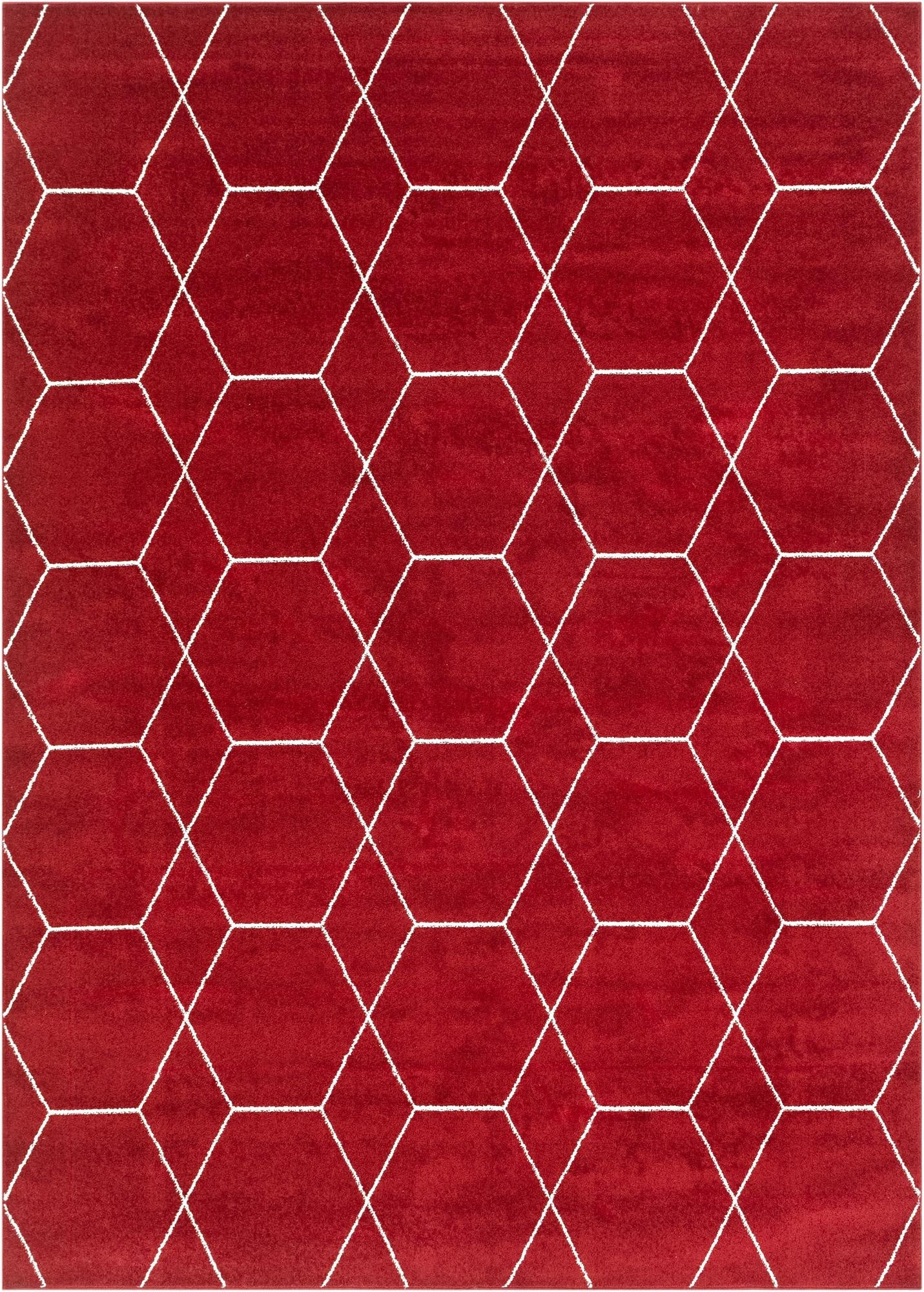 A vibrant 8x11 rectangular red area rug featuring a modern white trellis pattern, ideal for a living room.