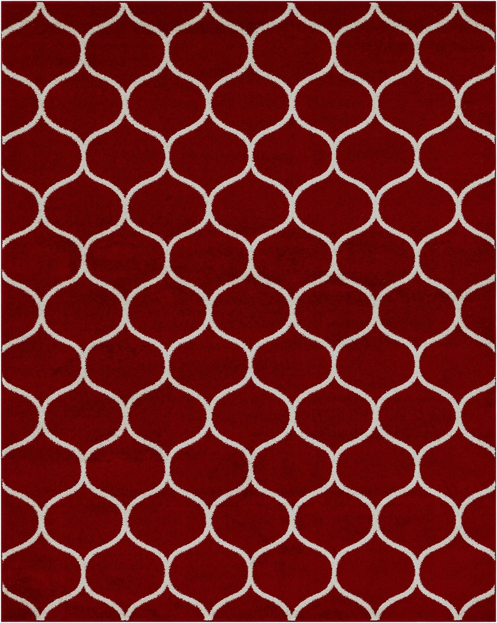 A rectangular 8x10 red area rug with a repeating white modern trellis pattern, suitable for a living room.