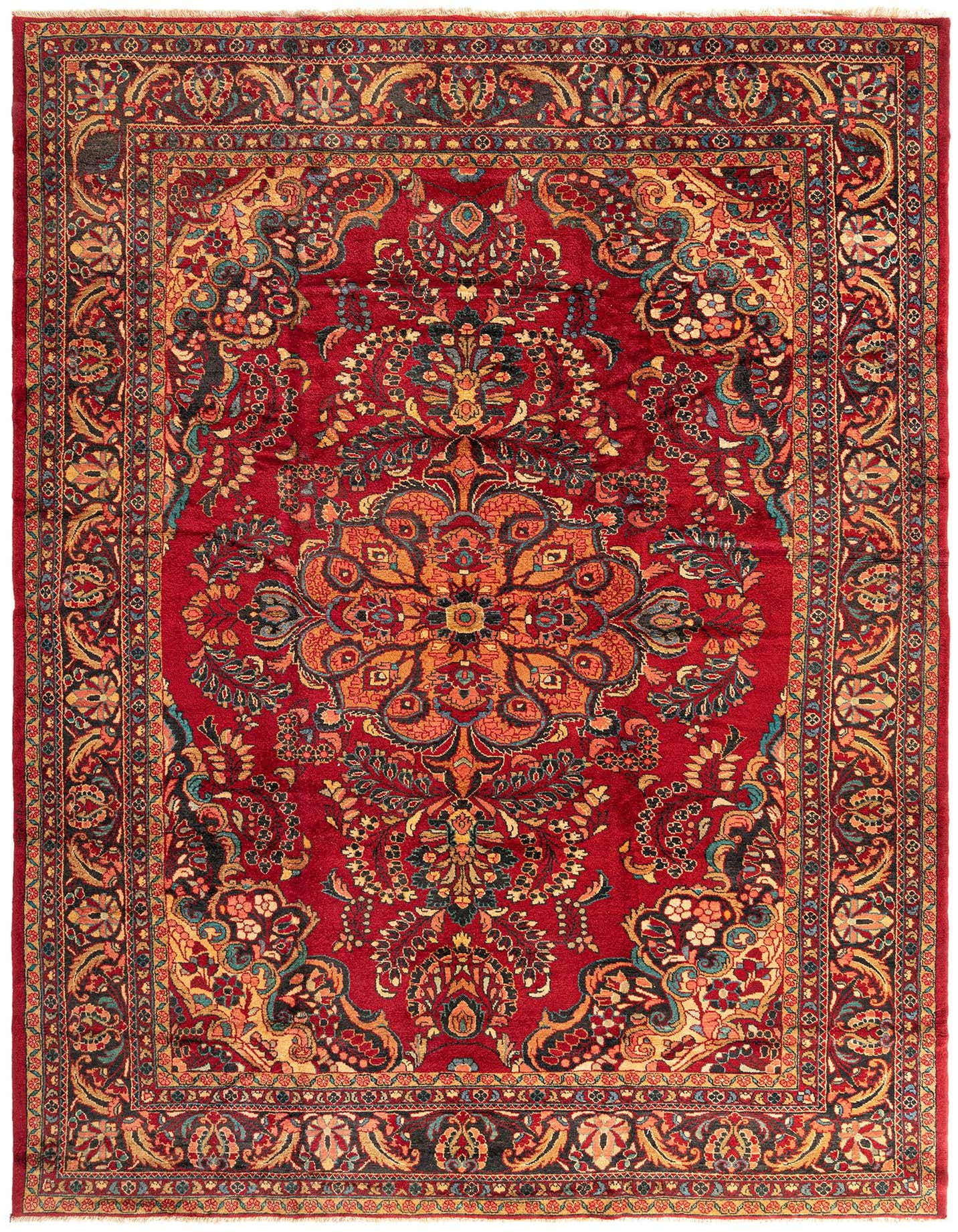 A 10x14 rectangular red Persian wool rug with intricate tribal patterns and a central medallion.