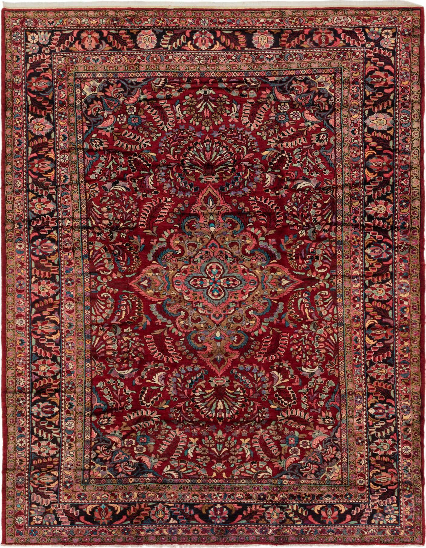 A large 10x14 rectangular red Persian wool rug with an intricate botanical medallion pattern and detailed border.