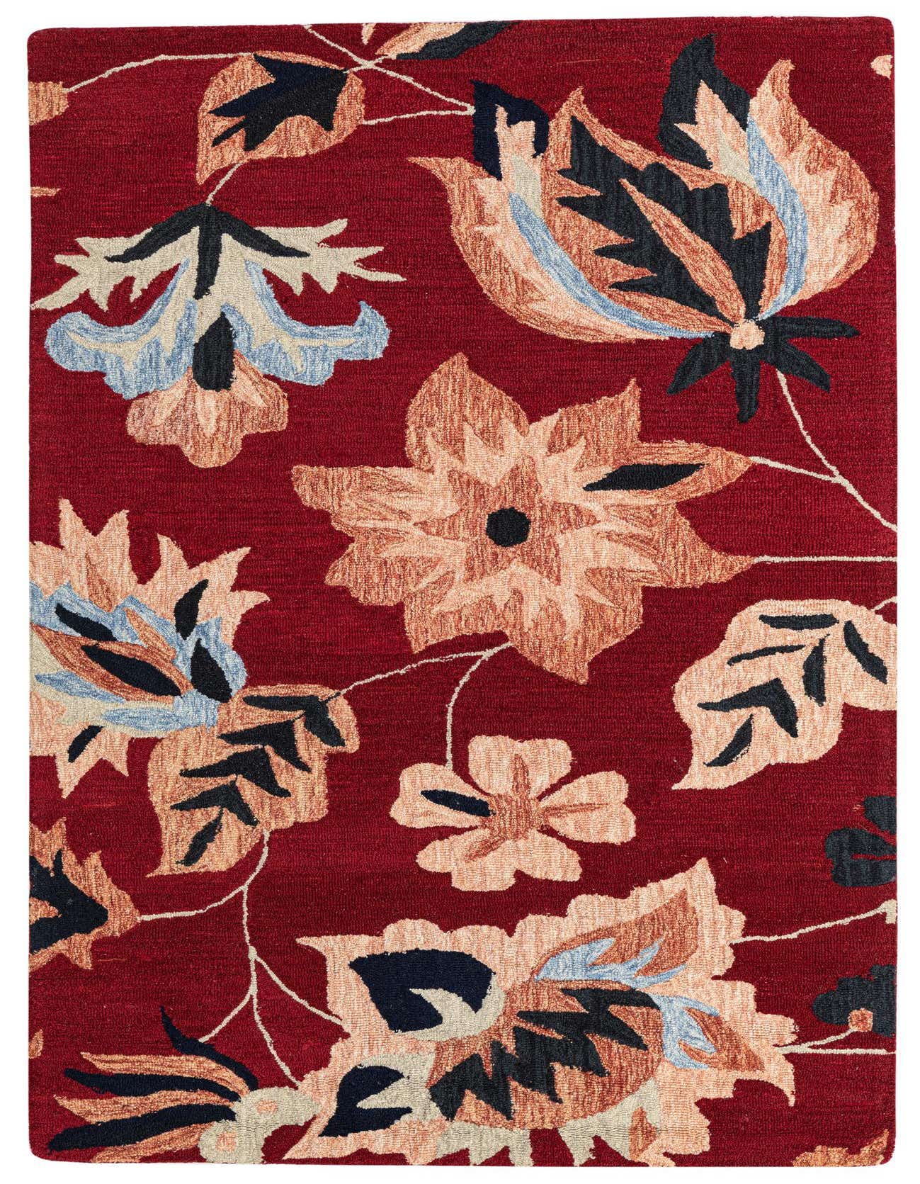 A 5x8 rectangular Luna Collection rug featuring a modern floral pattern with red background and colorful blooms.