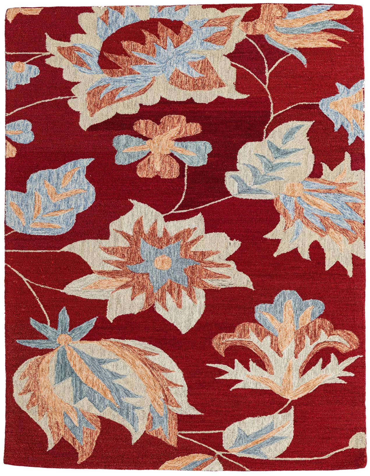 A 5x8 rectangular red modern rug with large, colorful floral patterns in cream, light blue, and orange.