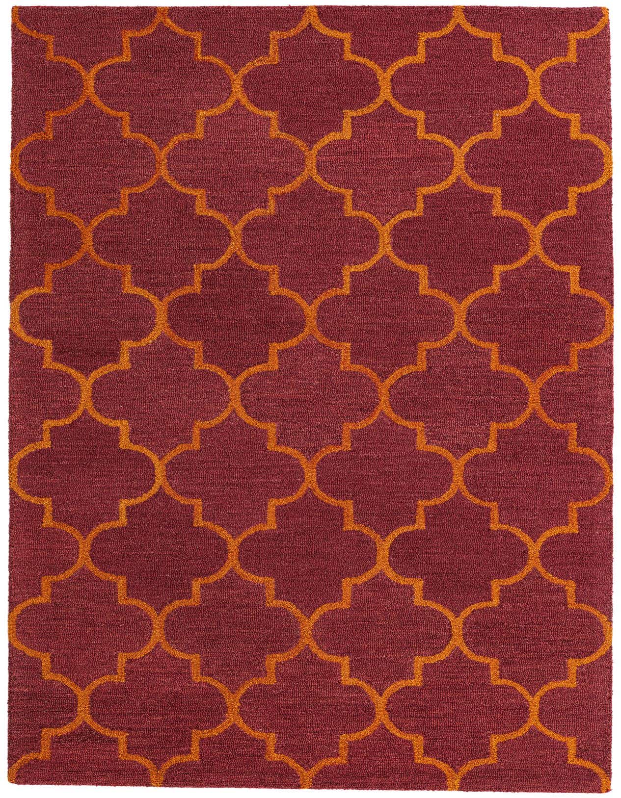 A 5x8 rectangular Luna Collection rug featuring a modern abstract trellis pattern in deep red with orange outlines, suitable for a living room.