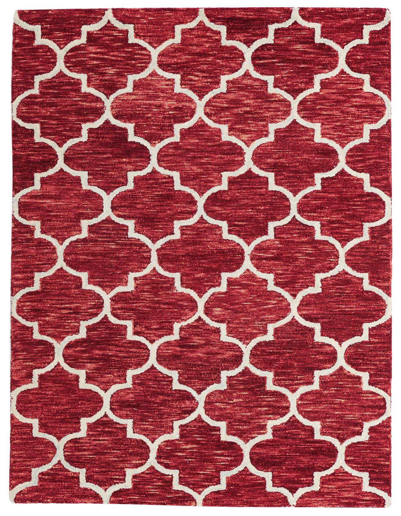 A 5x8 rectangular red rug with a modern abstract pattern of connected off-white quatrefoil shapes.