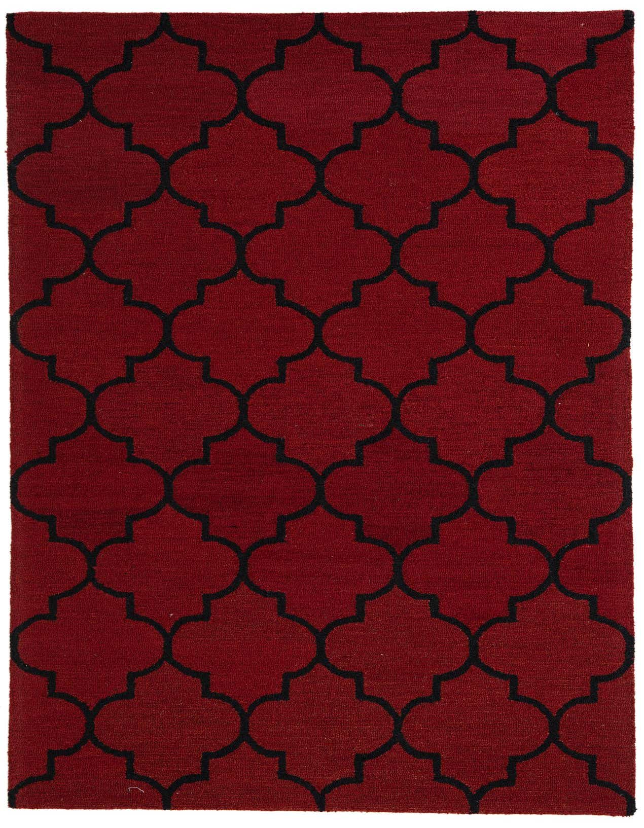 A 5x8 rectangular red modern area rug with a black abstract quatrefoil pattern, suitable for a living room.