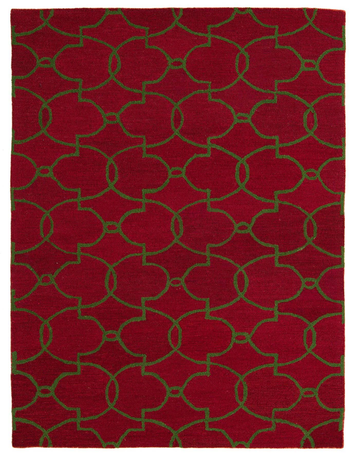 A 5x8 rectangular Luna collection rug in deep red with a repeating modern abstract green interlocking circle pattern, ideal for a living room.