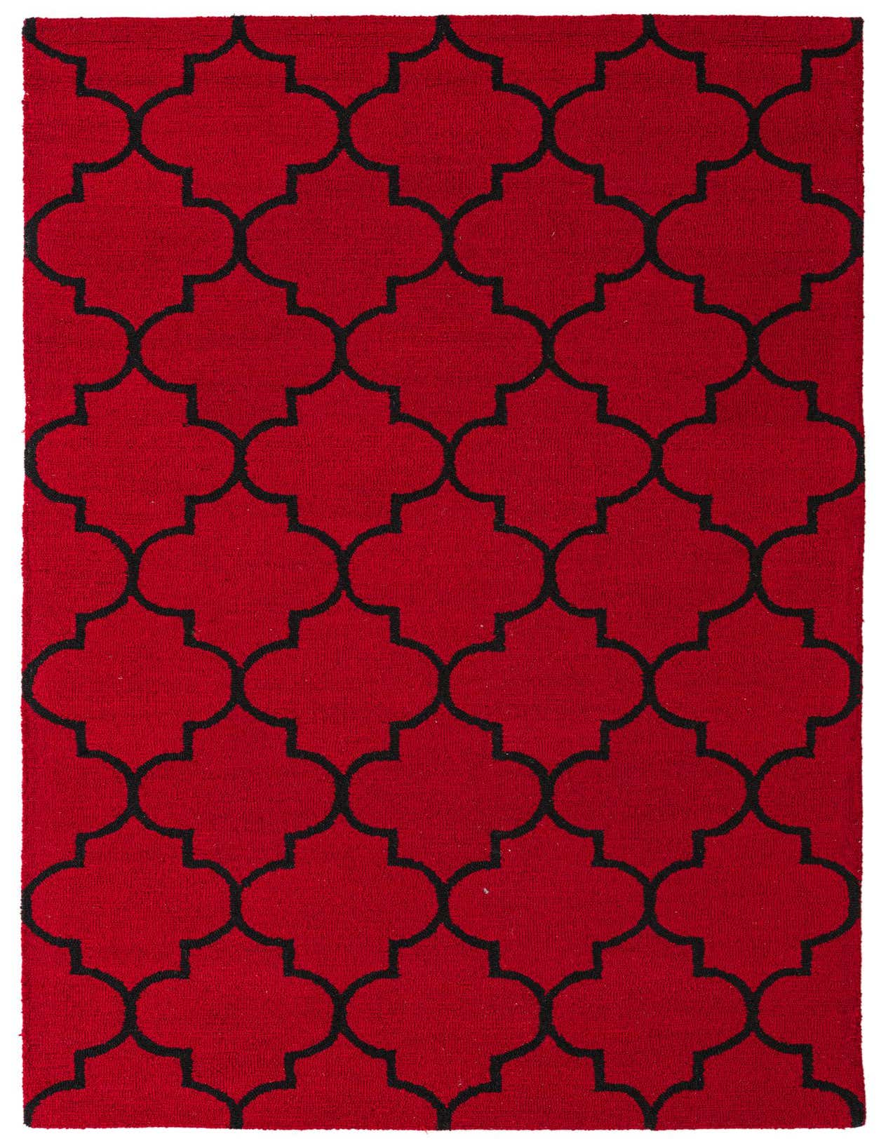 A 5x8 rectangular red wool rug with a bold black modern abstract quatrefoil pattern, ideal for a living room.